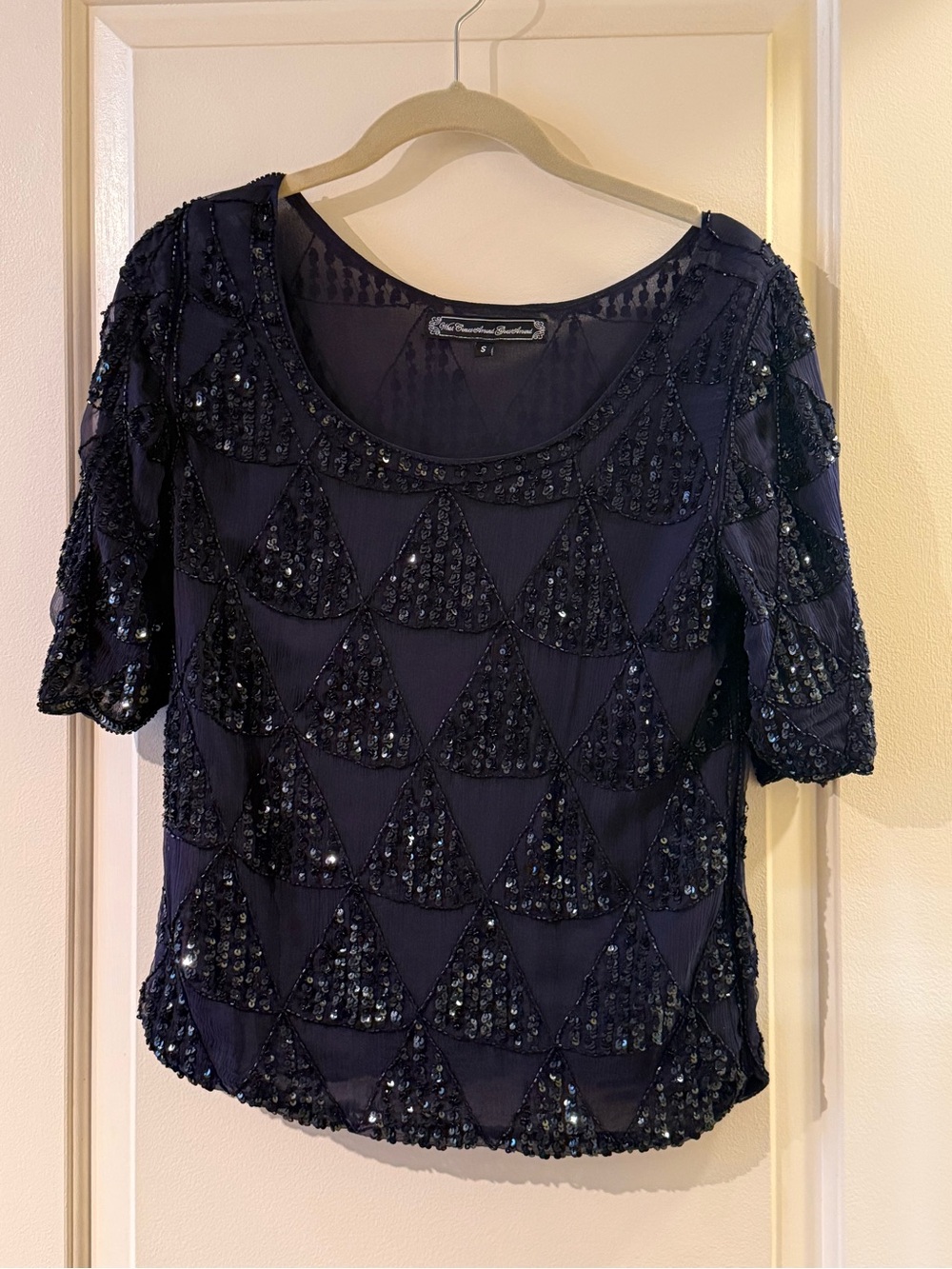 Anthropologie Vintage Embellished Navy Short-Sleeve Women's Top